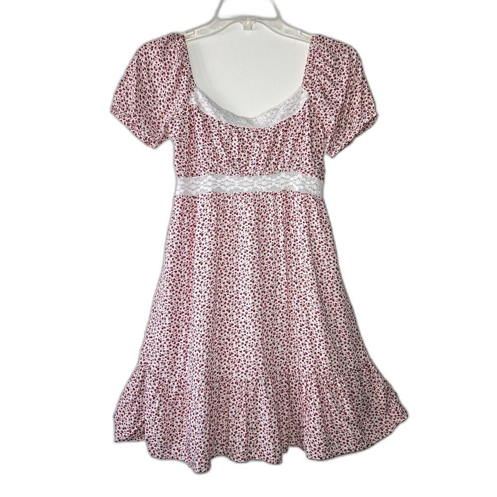 HOLLISTER Red Floral Babydoll Dress Lace Back Smocking Y2K XS